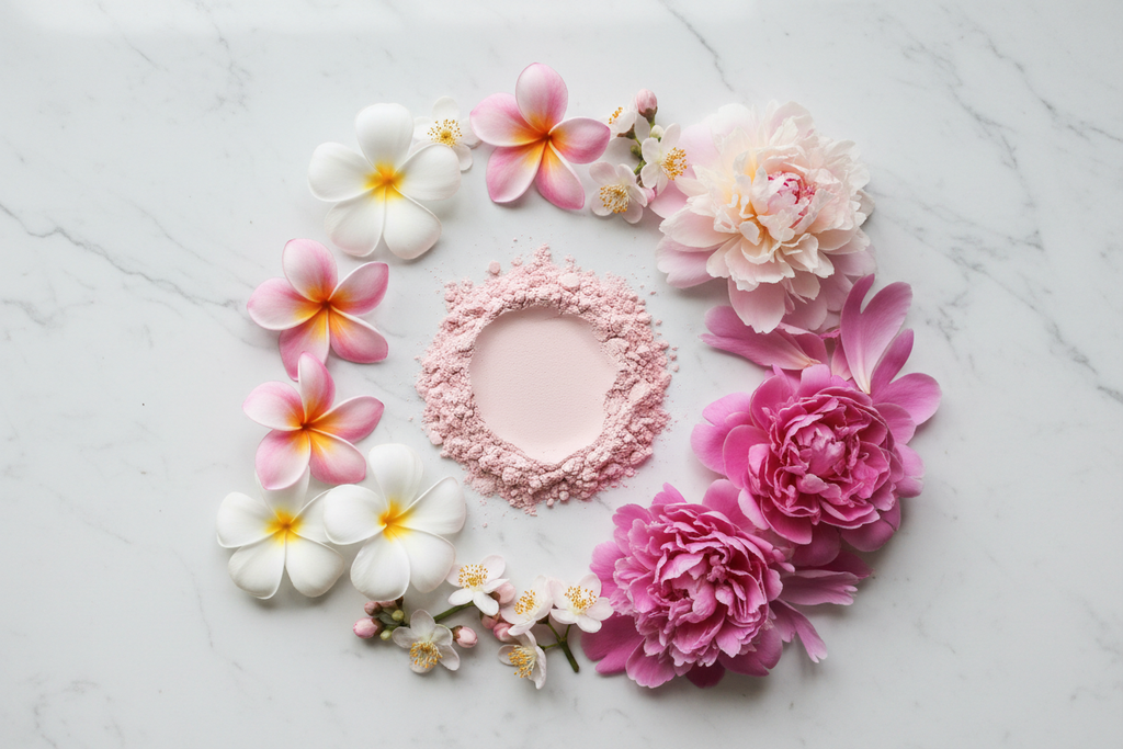 Pink clay kaolin powder plumeria flowers peony petals and tea blossoms on white marble - clay mask ingredient flat lay