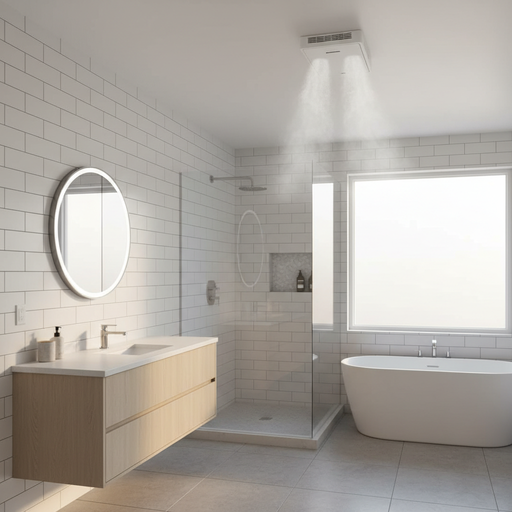 Modern bathroom with white subway tiles and Panasonic WhisperGreen Select ceiling exhaust fan with vapor rising toward it