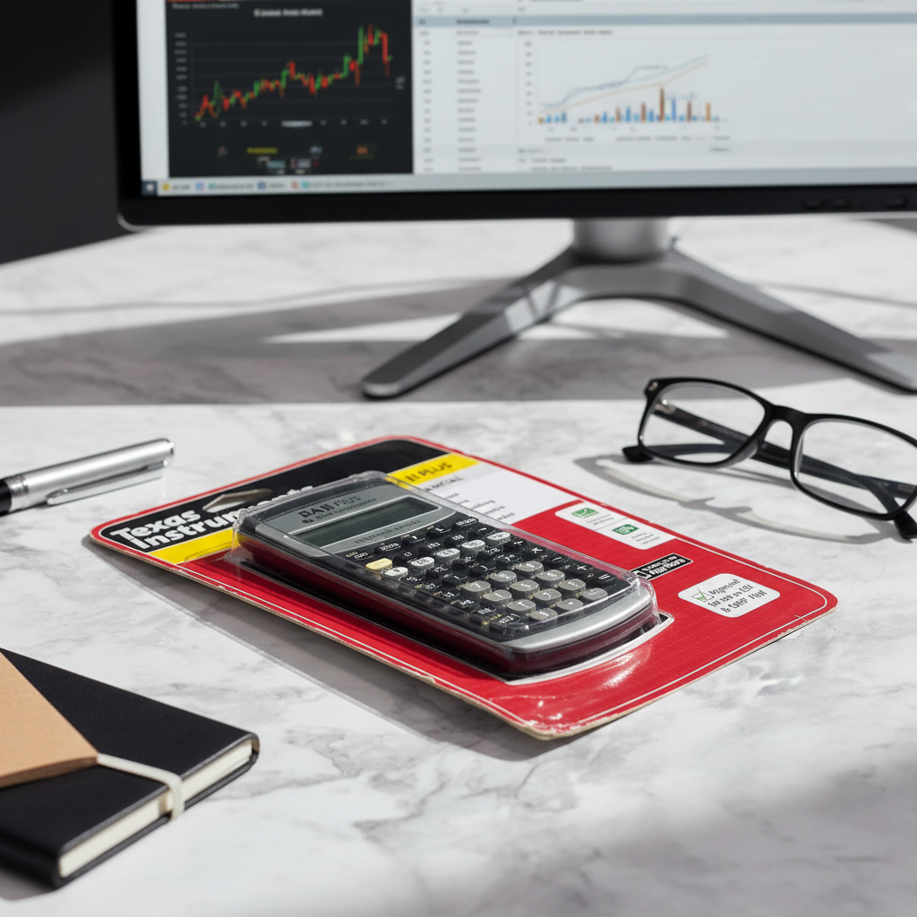 Texas Instruments BA II Plus financial calculator in original blister pack on clean marble desk professional finance product lifestyle