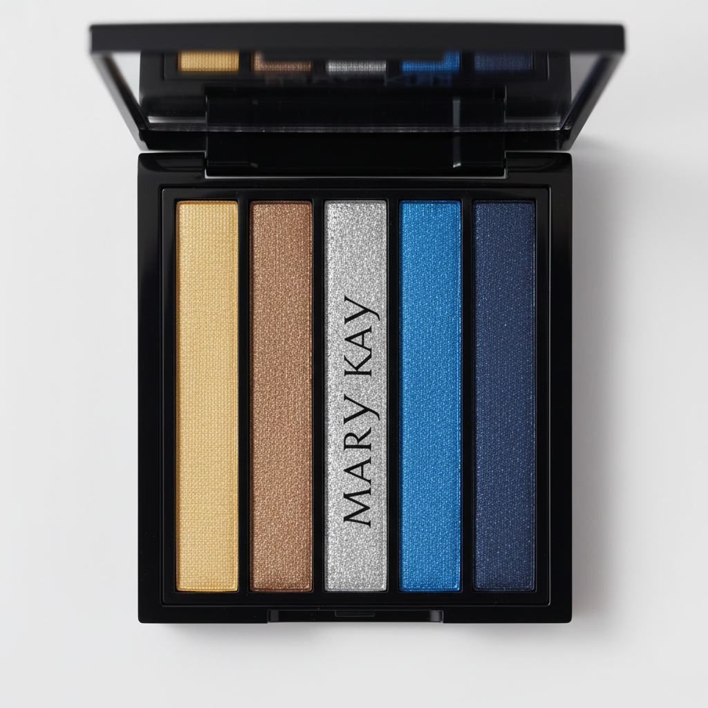Macro close-up of Mary Kay Eye Color Palette Rock the Runway open compact showing five pristine metallic eyeshadow strips: bright gold shimmer, warm bronze-brown, classic silver glitter, vibrant cobalt blue, and deep midnight navy on white background