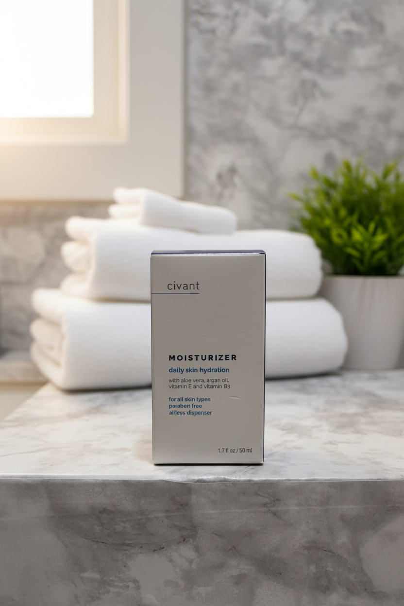 Civant Moisturizer on marble bathroom vanity with soft morning light