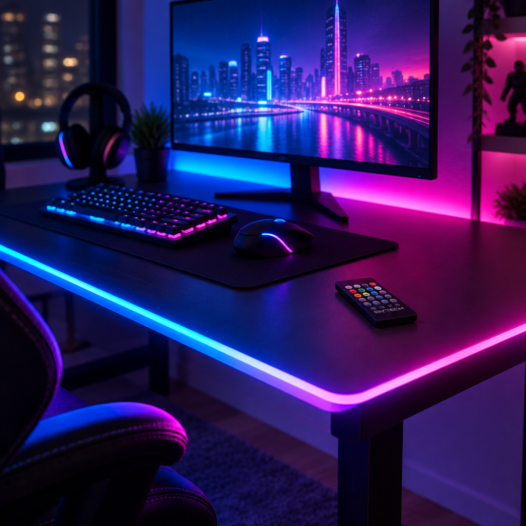AI-generated lifestyle photo of the Bytech LED light strip illuminating the edge of a gaming desk setup