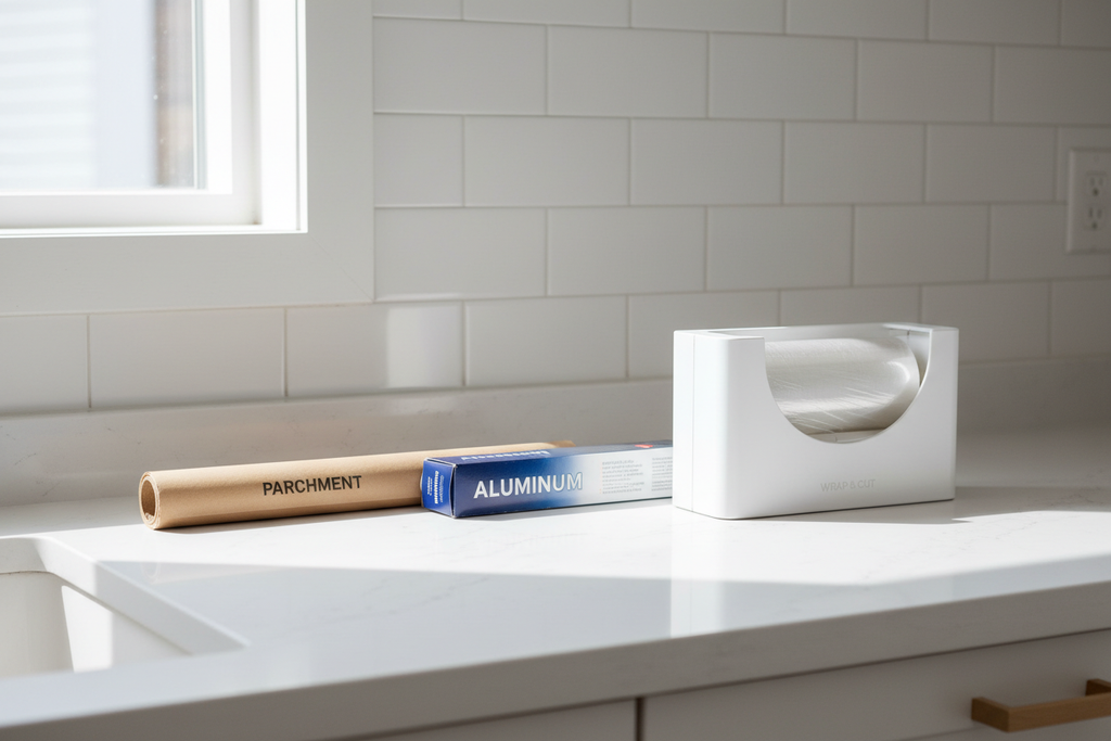 Minimalist white kitchen countertop with parchment paper rolls, aluminum foil, and a sleek white wrap dispenser organizer