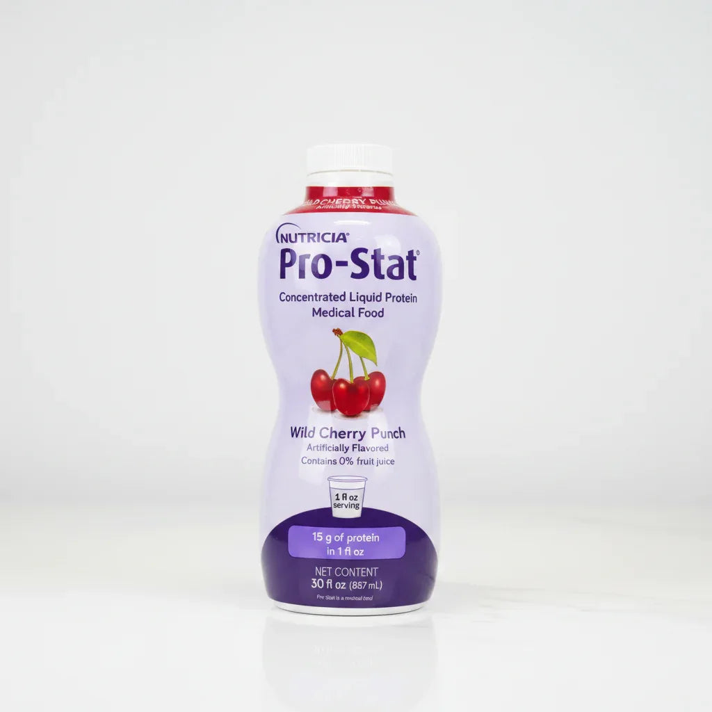 Nutricia Pro-Stat medical dietary nutrition bottle reflecting reliability and freshness on high-quality sterile white counter