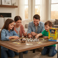 Family playing You Little Stinker dog dice matching game together at home during game night