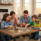 Family playing You Little Stinker dog dice matching game together at home during game night