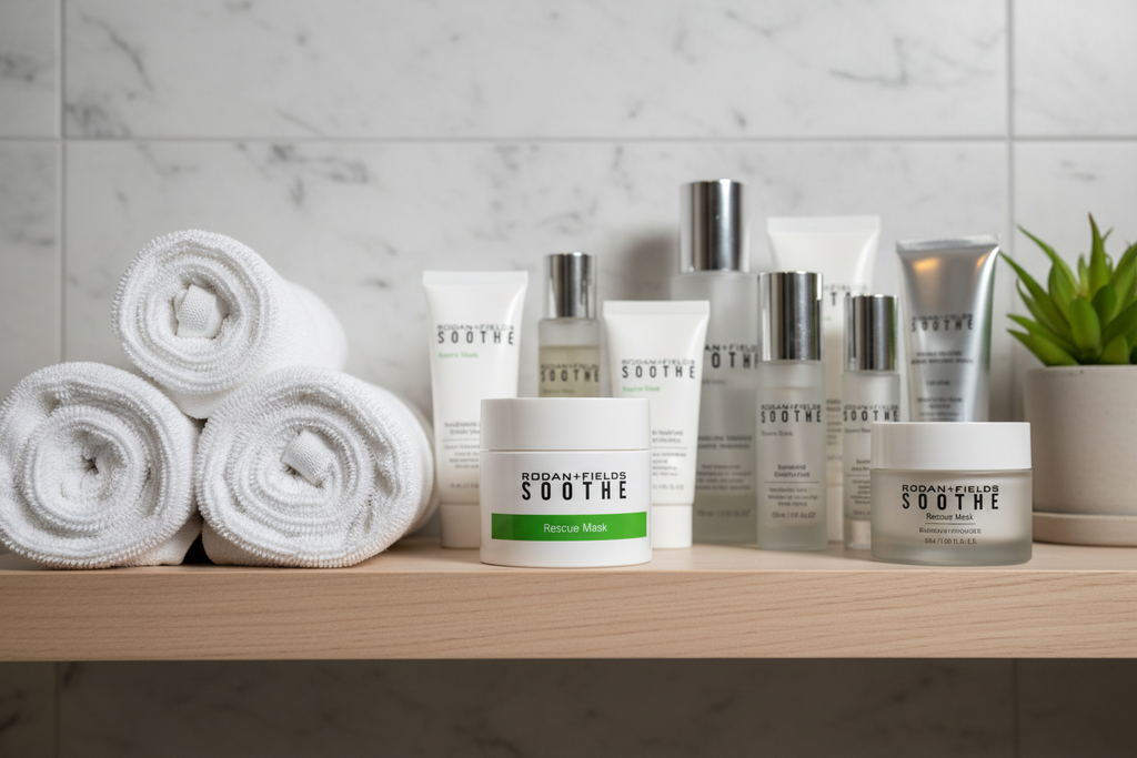Rodan + Fields SOOTHE Rescue Mask white jar on spa bathroom shelf with premium skincare products white towels and green plant – More4less Outlet
