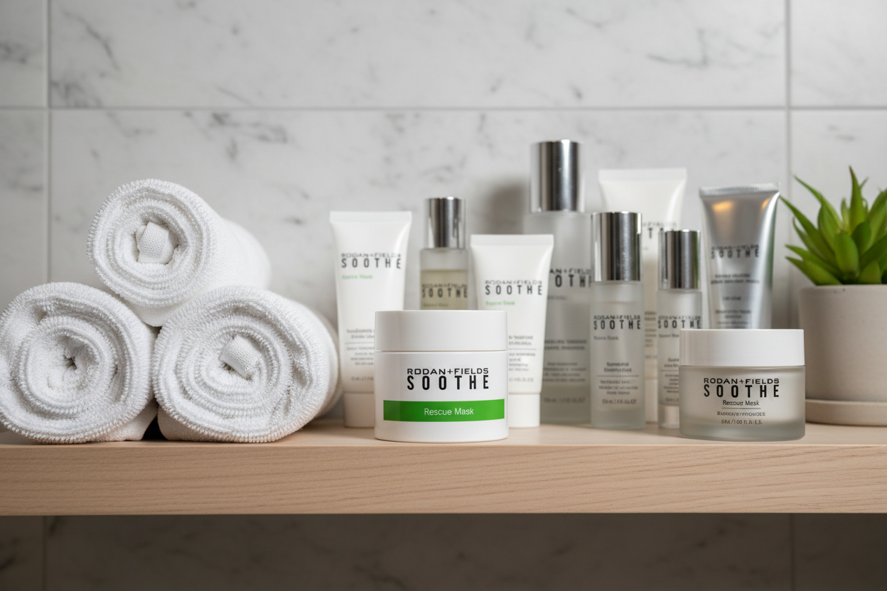 Rodan + Fields SOOTHE Rescue Mask white jar on spa bathroom shelf with premium skincare products white towels and green plant – More4less Outlet