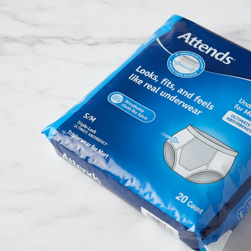 Close-up of back panel of Attends Men's Underwear packaging showing absorbent core placement and elastic features