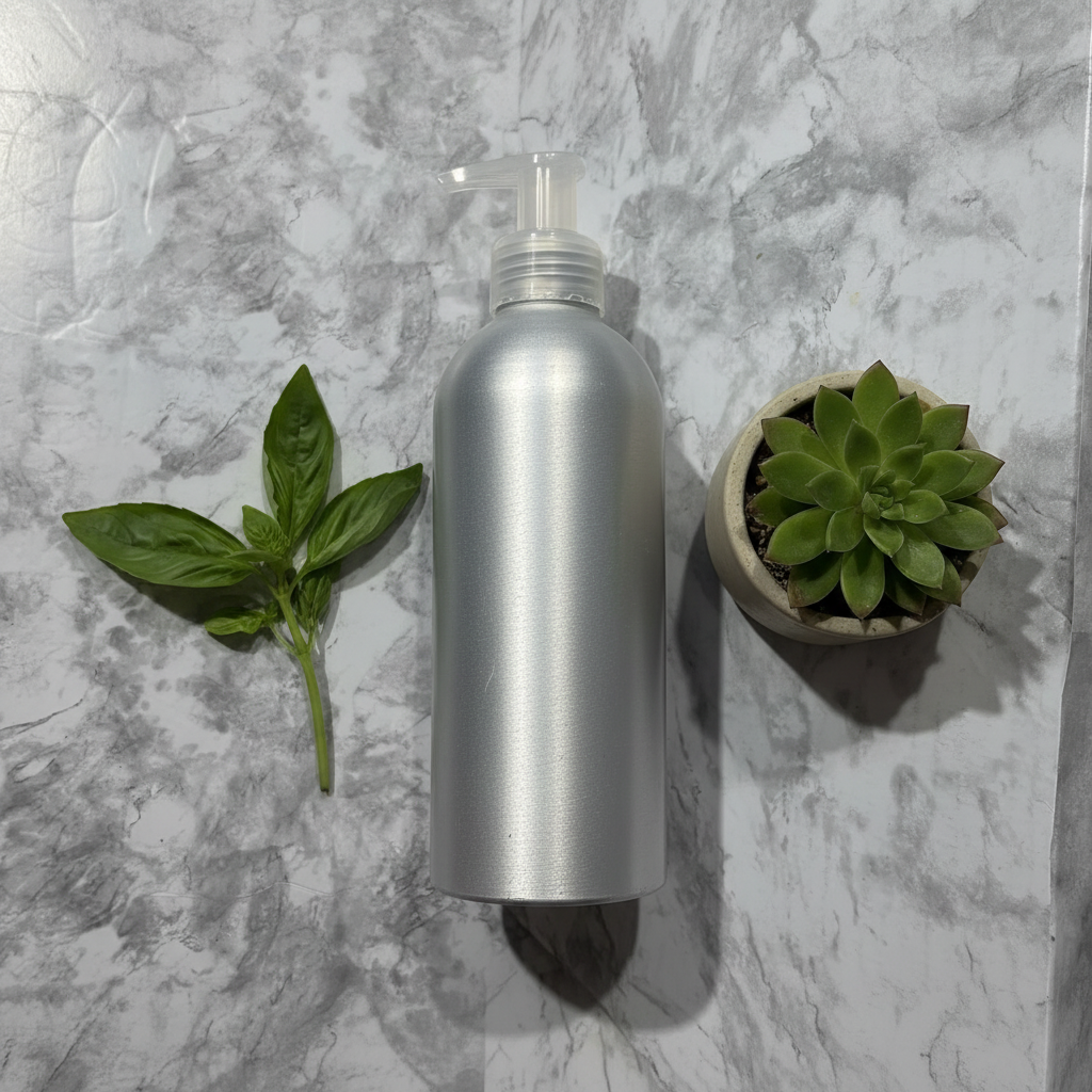 Silver aluminum lotion pump bottle on white marble beside a small green succulent and fresh basil sprig