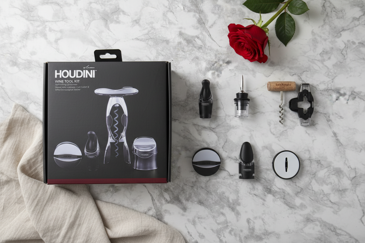 Houdini 4-Piece Wine Tool Kit gift flatlay on white marble with retail box rose and wine cork - More4less Outlet