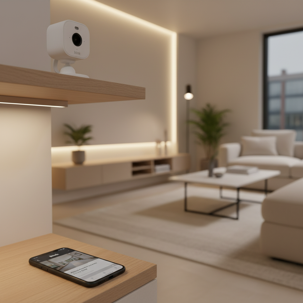 Blink Mini 2 white smart security camera mounted on shelf in modern living room with app notification on nearby smartphone