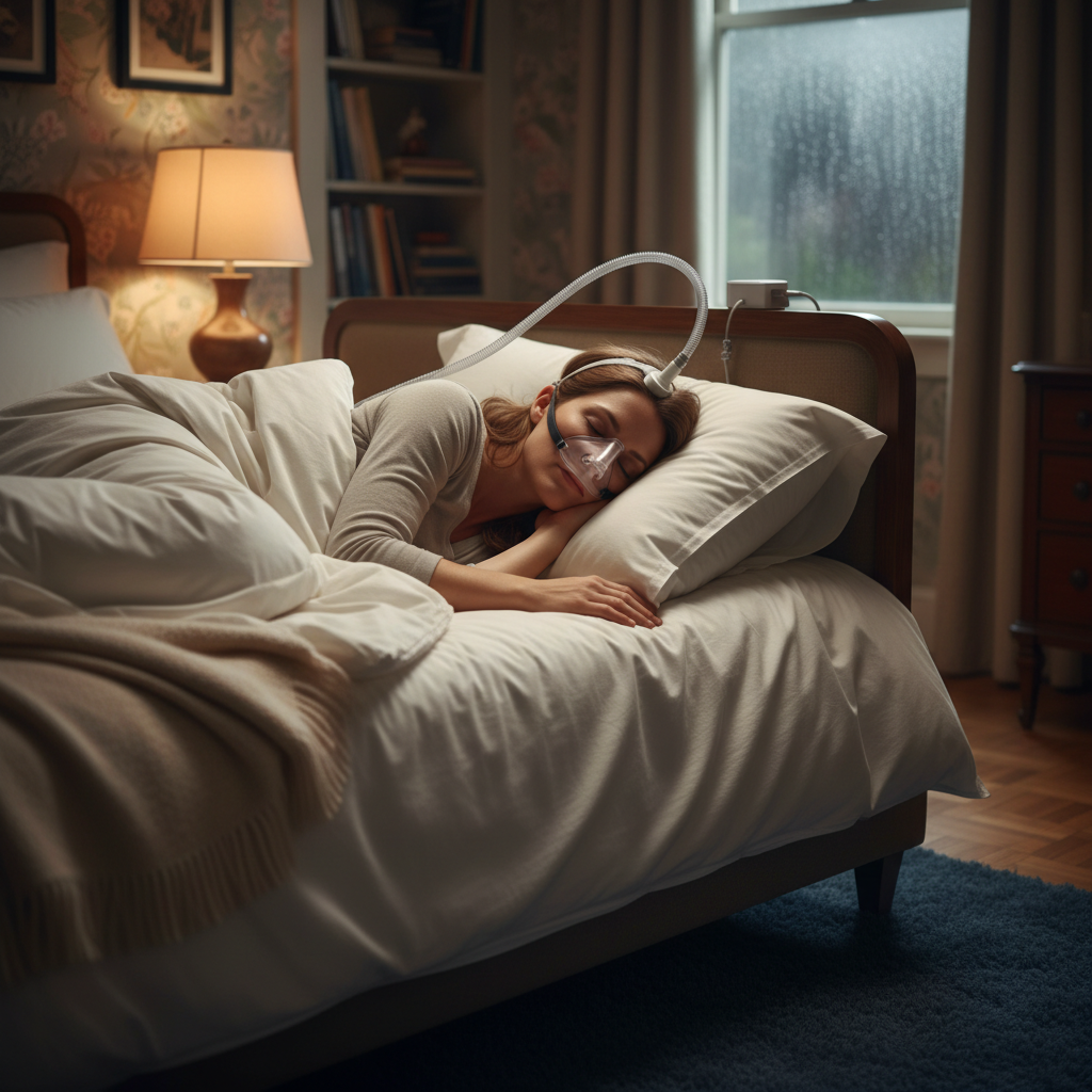Side sleeper resting peacefully in plush bed wearing compact under-the-nose CPAP mask with top-of-head hose