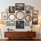Stylish gallery wall with heavy framed artwork mounted securely on drywall