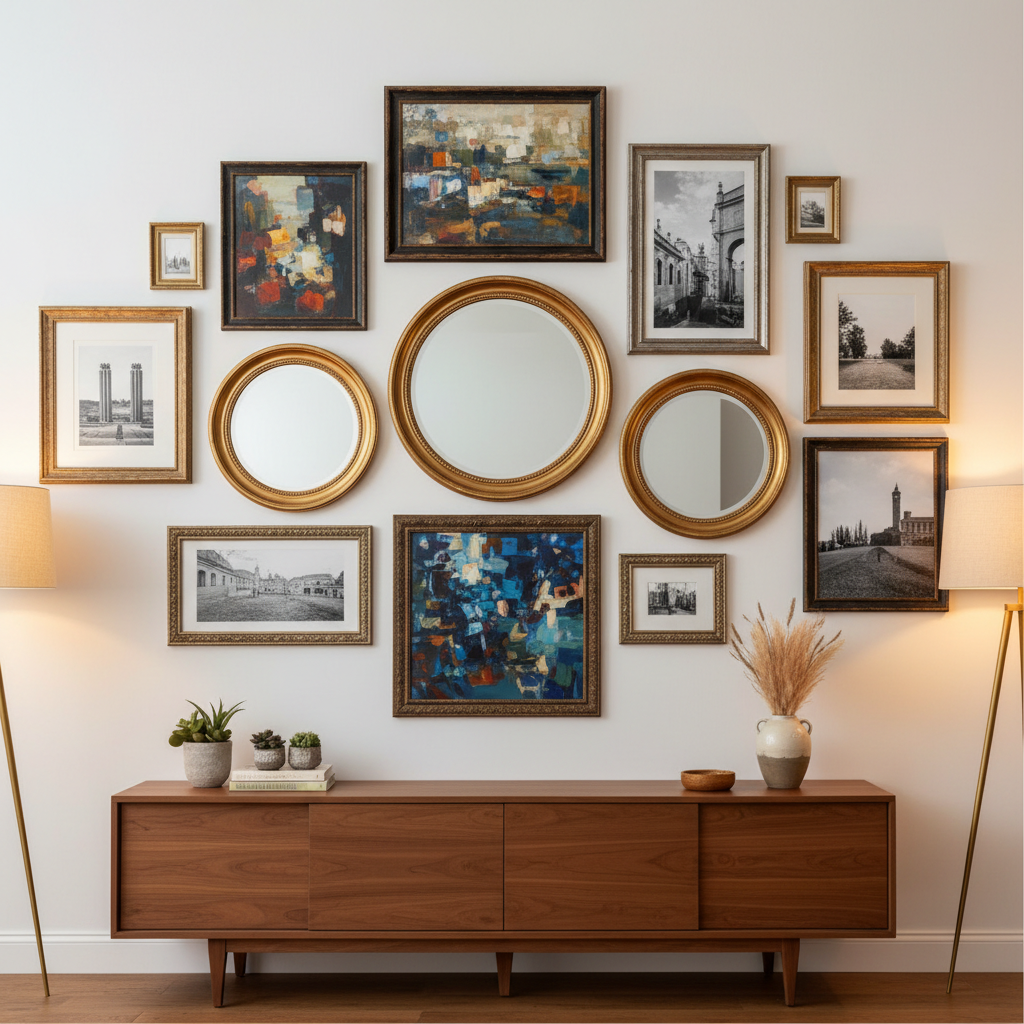 Stylish gallery wall with heavy framed artwork mounted securely on drywall