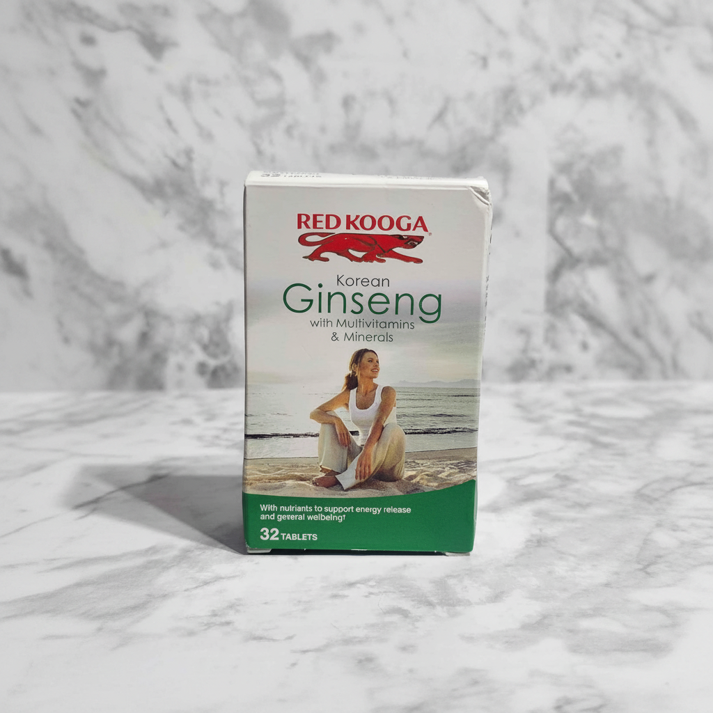 Red Kooga Korean Ginseng with Multivitamins and Minerals 32 Tablet package on a marble countertop