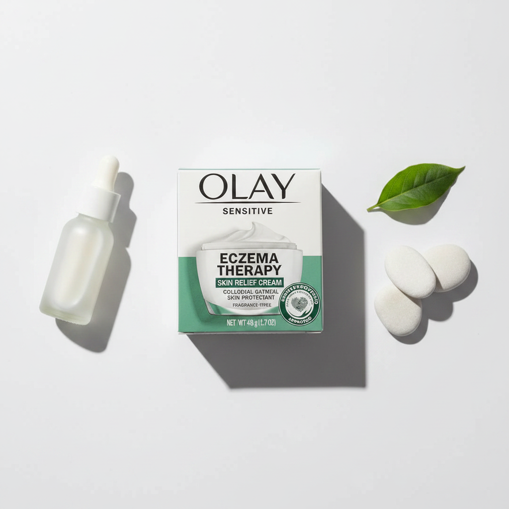 Olay Sensitive Eczema Therapy Skin Relief Cream box on white surface with minimalist skincare props – clean studio product photography