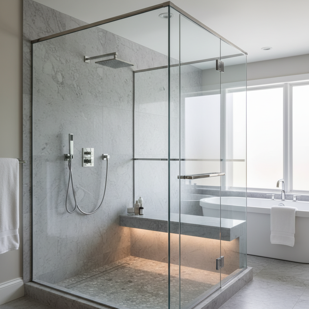 Contemporary glass-enclosed shower stall with polished chrome fixtures and ambient lighting
