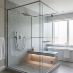 Contemporary glass-enclosed shower stall with polished chrome fixtures and ambient lighting