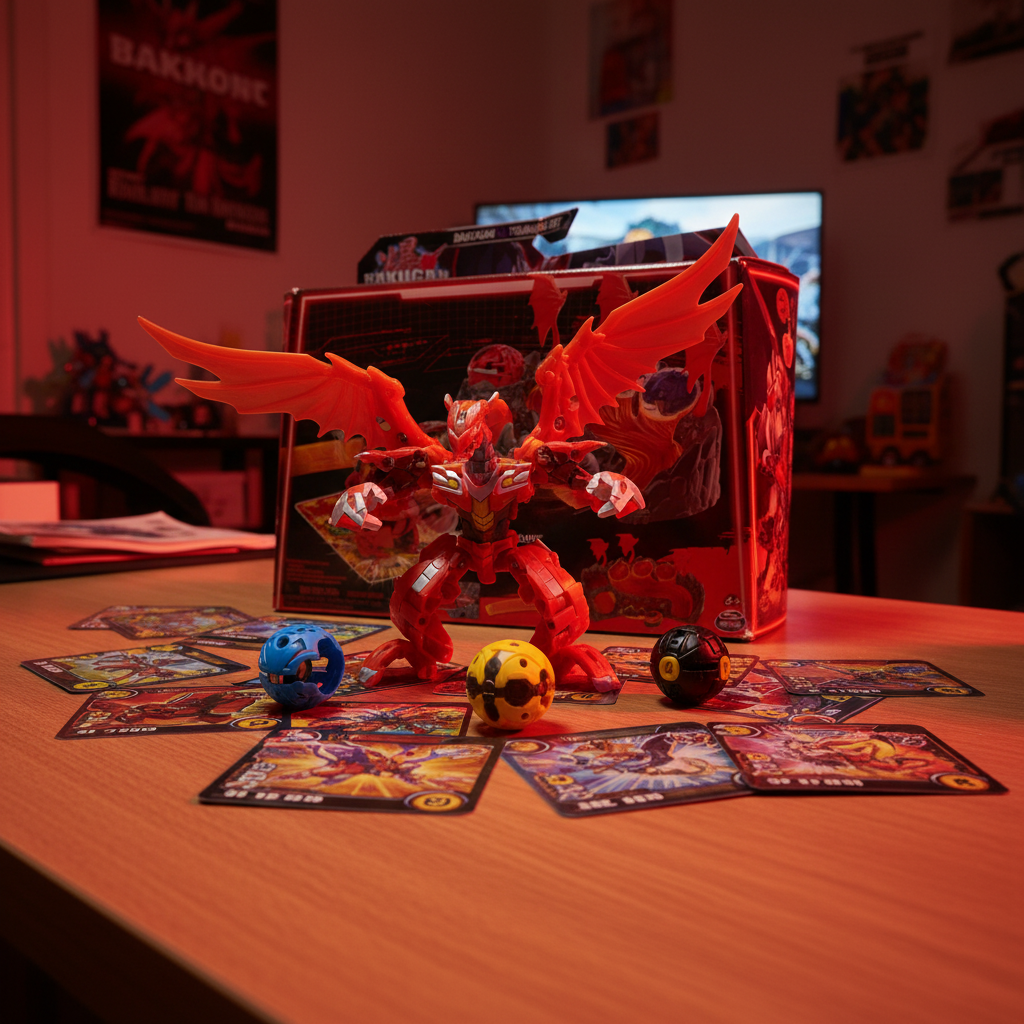 Bakugan Training Set with Titanium Dragonoid displayed on a kids bedroom desk with battle cards — More4less Outlet lifestyle image