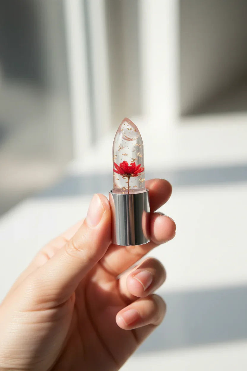 In-hand close-up of Firstfly transparent lipstick revealing gold foil and embedded dried red flower