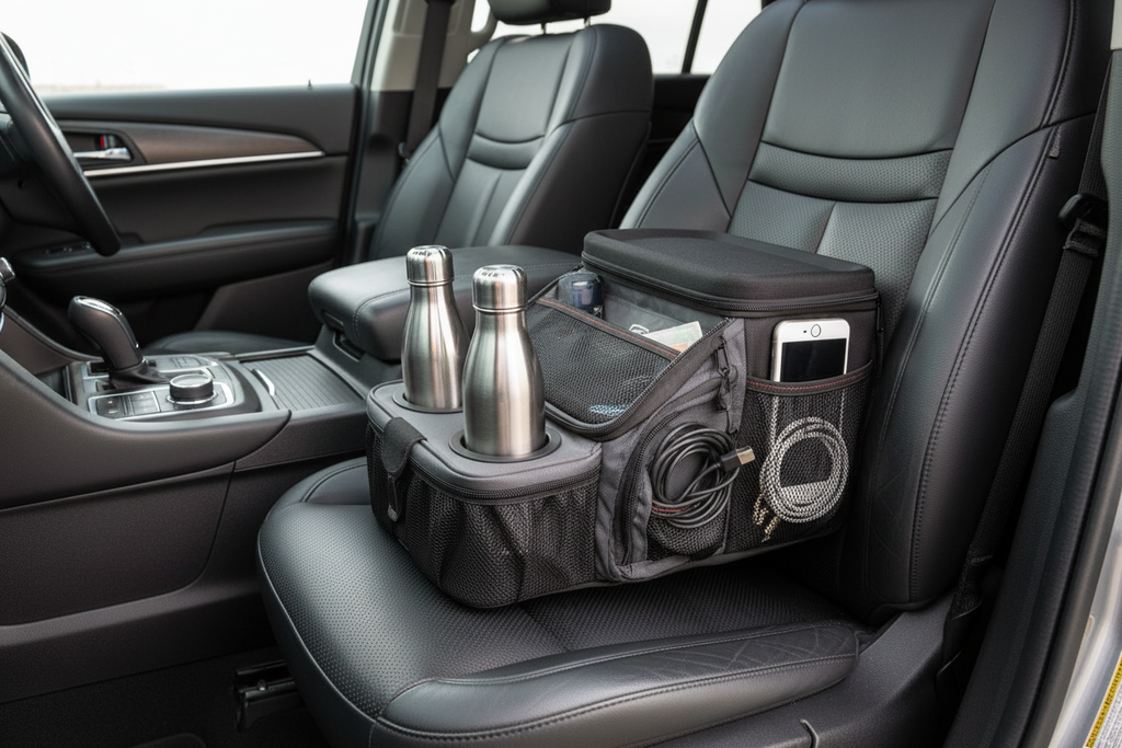 Auto Drive black car console organizer on SUV seat with two stainless steel water bottles in cup holders and mesh side pockets with phone and cables