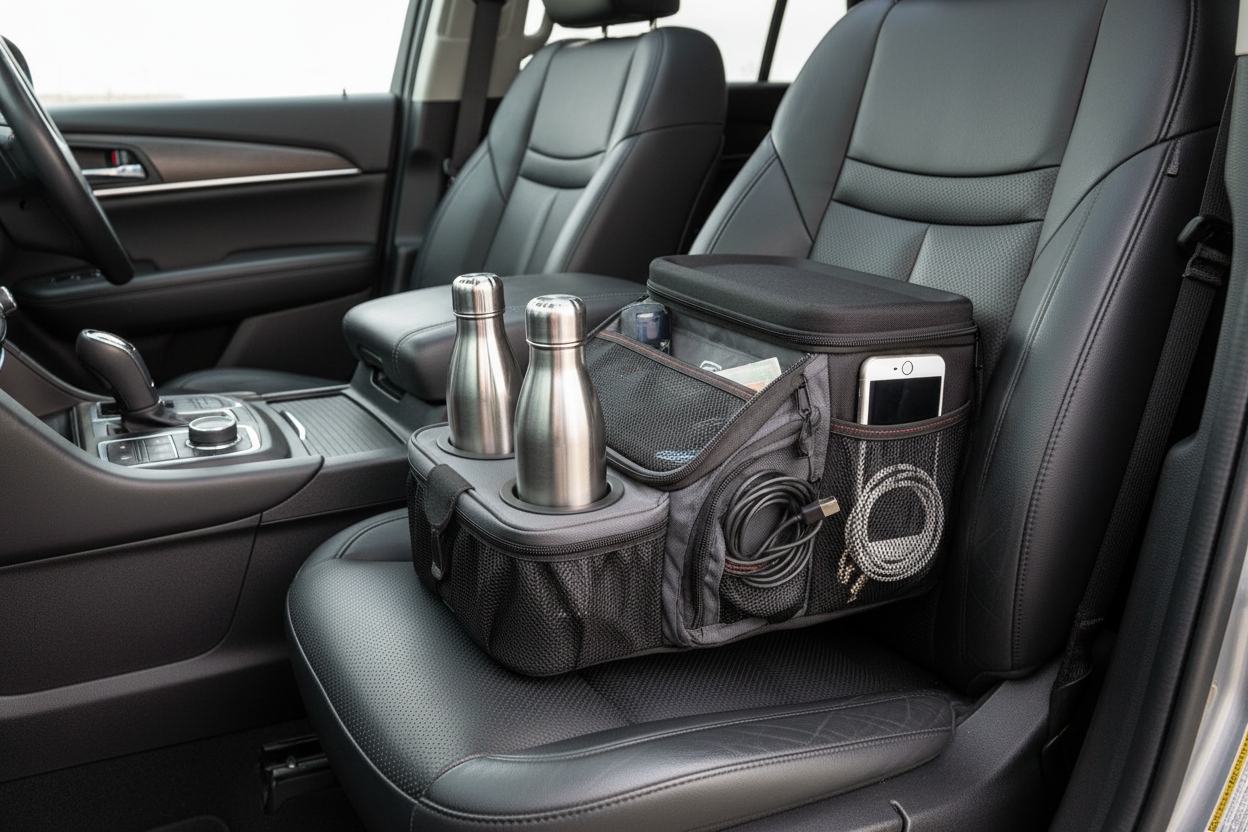 Auto Drive black car console organizer on SUV seat with two stainless steel water bottles in cup holders and mesh side pockets with phone and cables