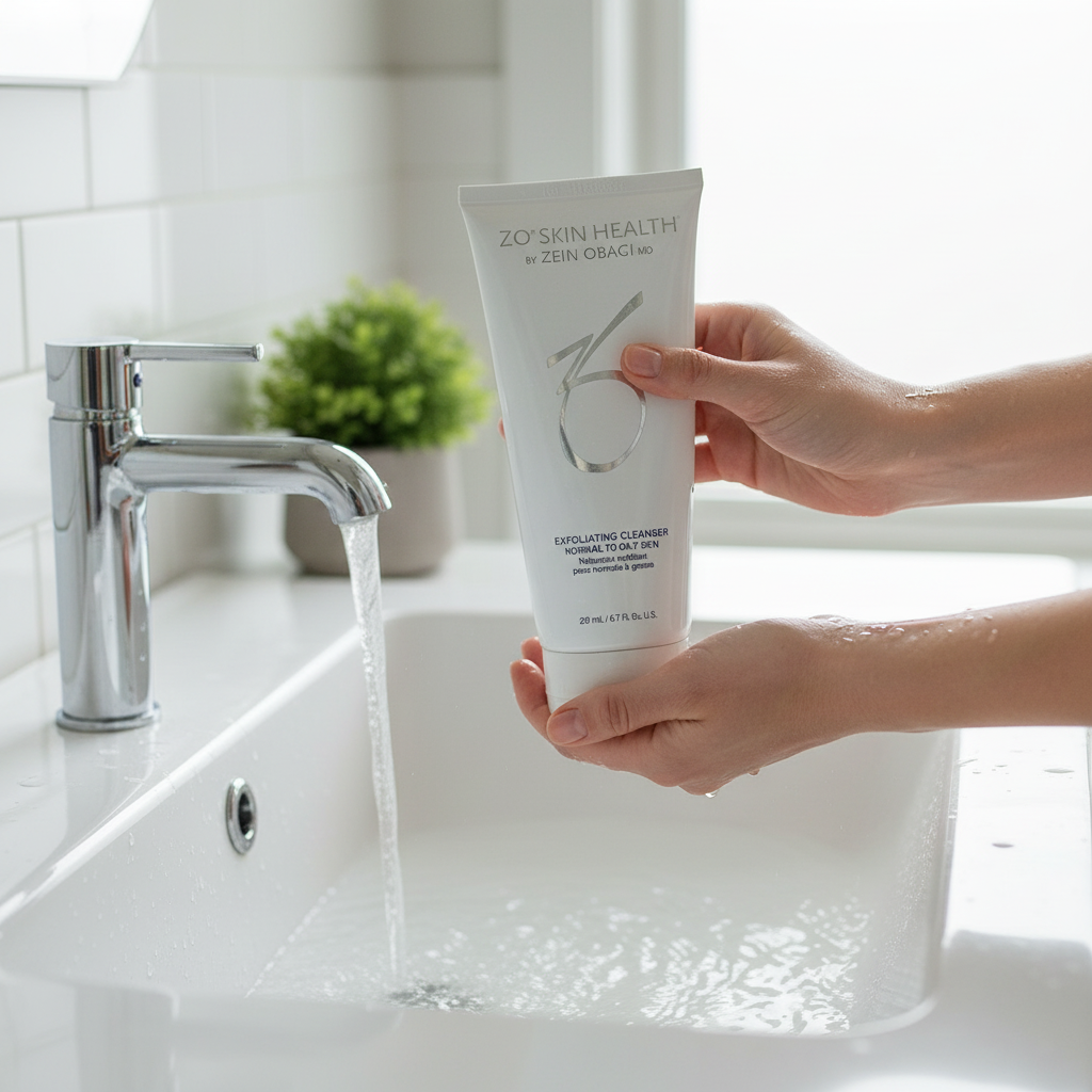 Woman holding ZO Skin Health Exfoliating Cleanser 200mL tube over a white bathroom sink during a morning skincare routine