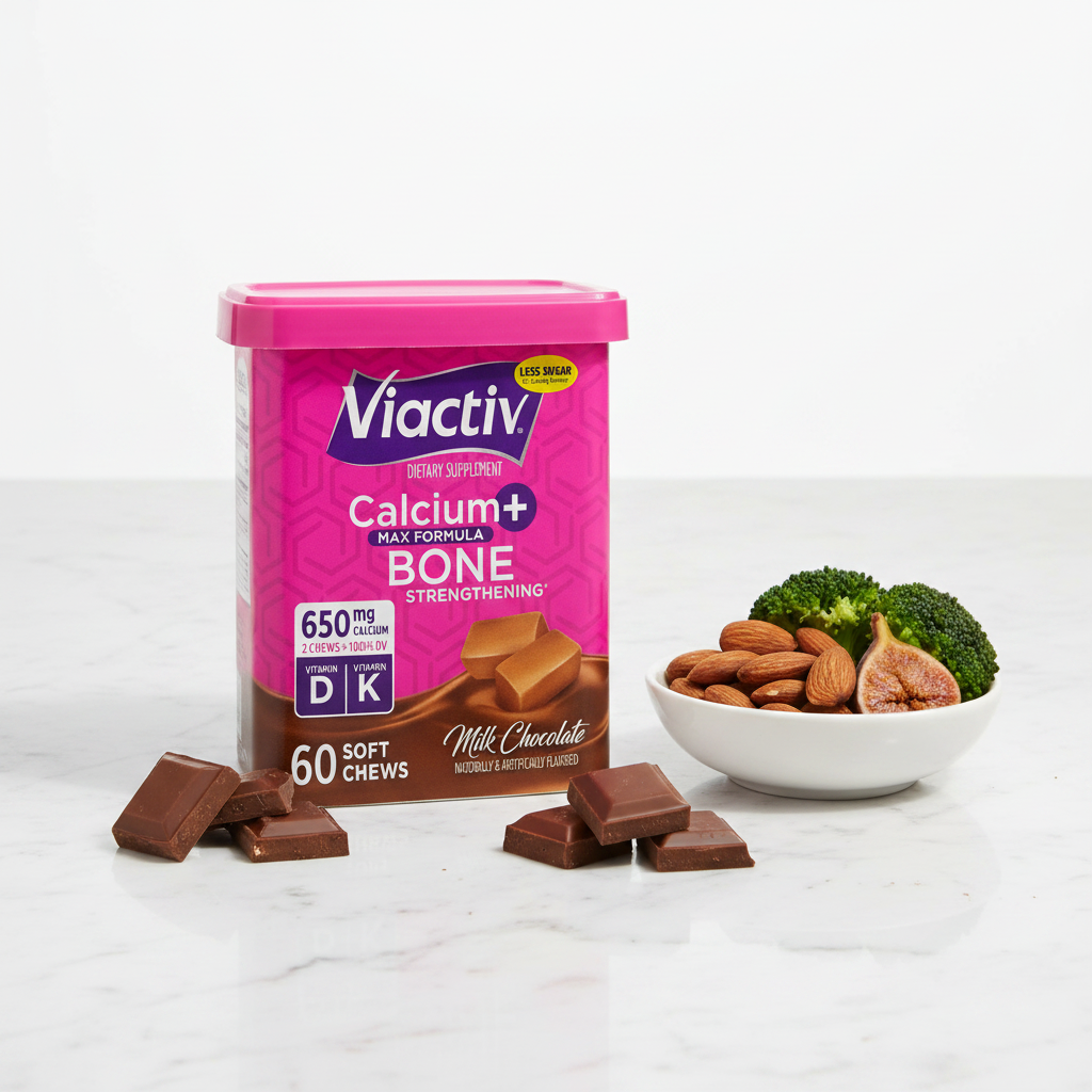 Viactiv Calcium+ Max Formula 60 soft chews on white marble surface with milk chocolate pieces and calcium-rich foods