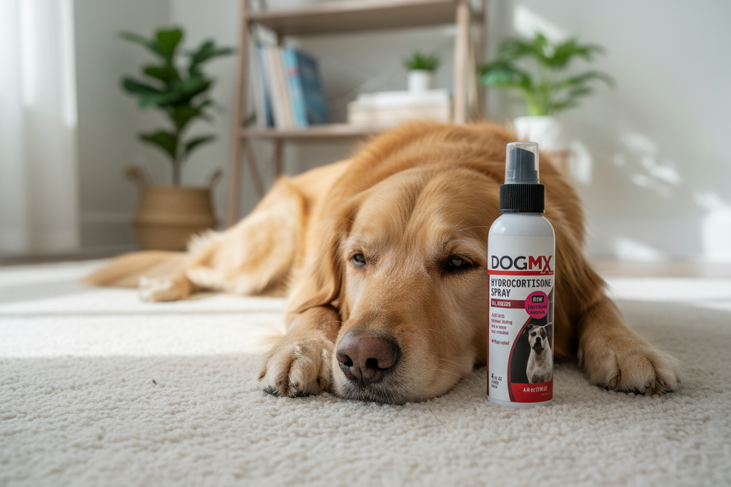 Happy relaxed dog after DogMX Hydrocortisone Spray treatment — anti-itch pain relief spray safe for all dog breeds 12 weeks and older