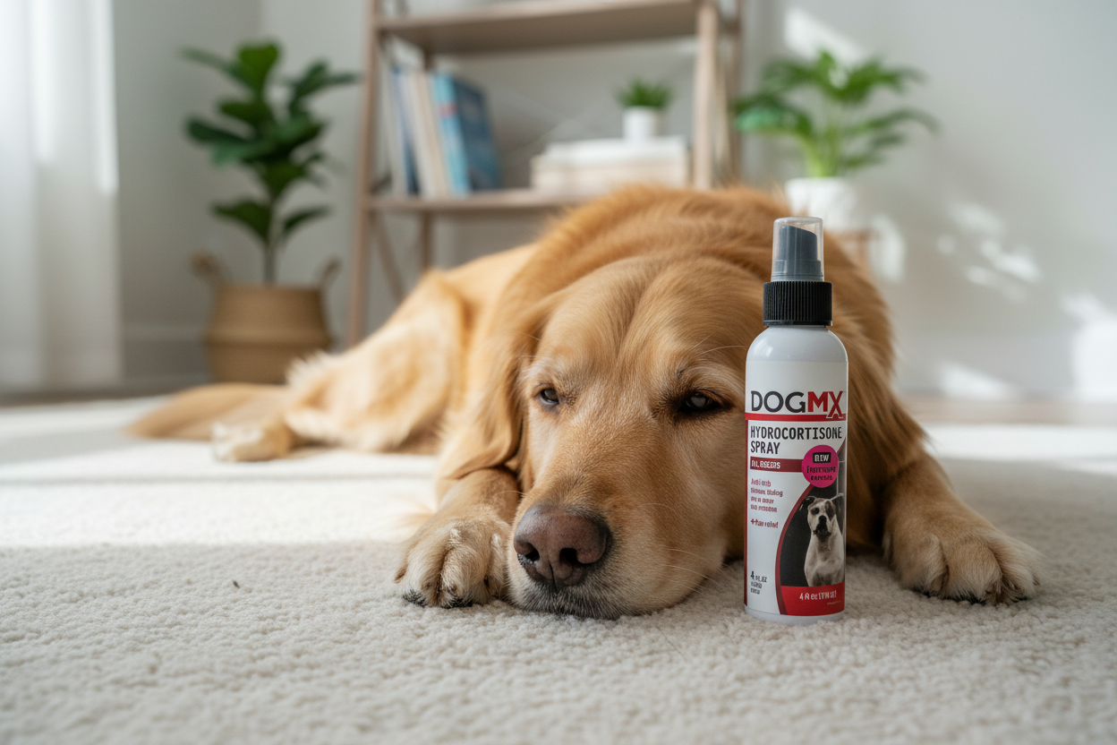 Happy relaxed dog after DogMX Hydrocortisone Spray treatment — anti-itch pain relief spray safe for all dog breeds 12 weeks and older