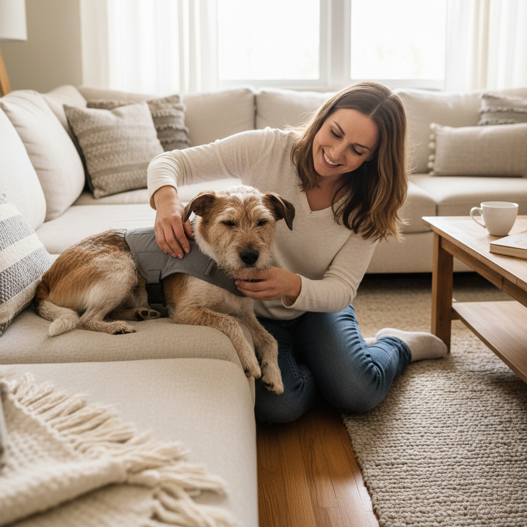 Pet owner gently adjusting grey dog anxiety vest on relaxed terrier mix on sofa