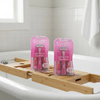 Gillette Venus Sensitive Disposable Razors 6ct on oak bathtub caddy near clawfoot tub in morning light