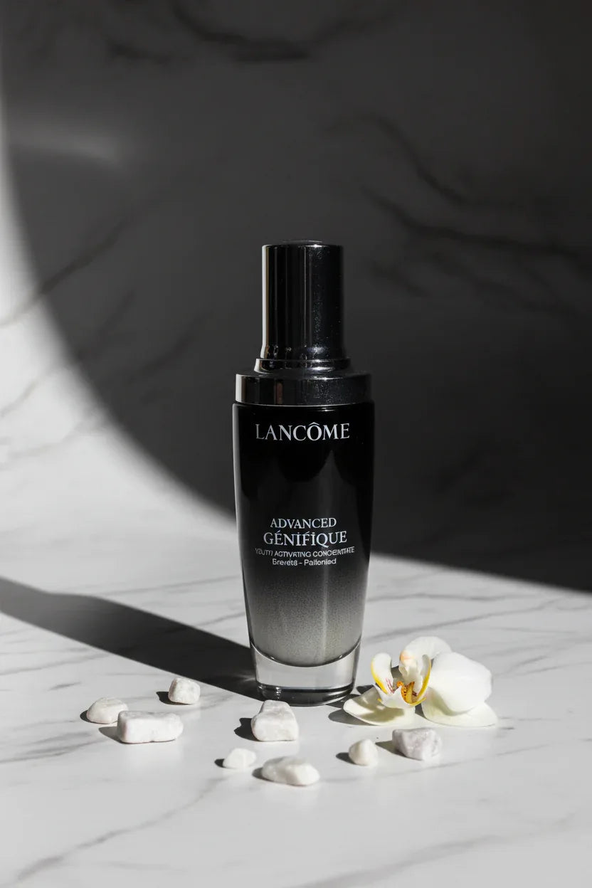 High-end cosmetic display featuring a dark glass luxury serum bottle with soft shadows and silver cap on white marble