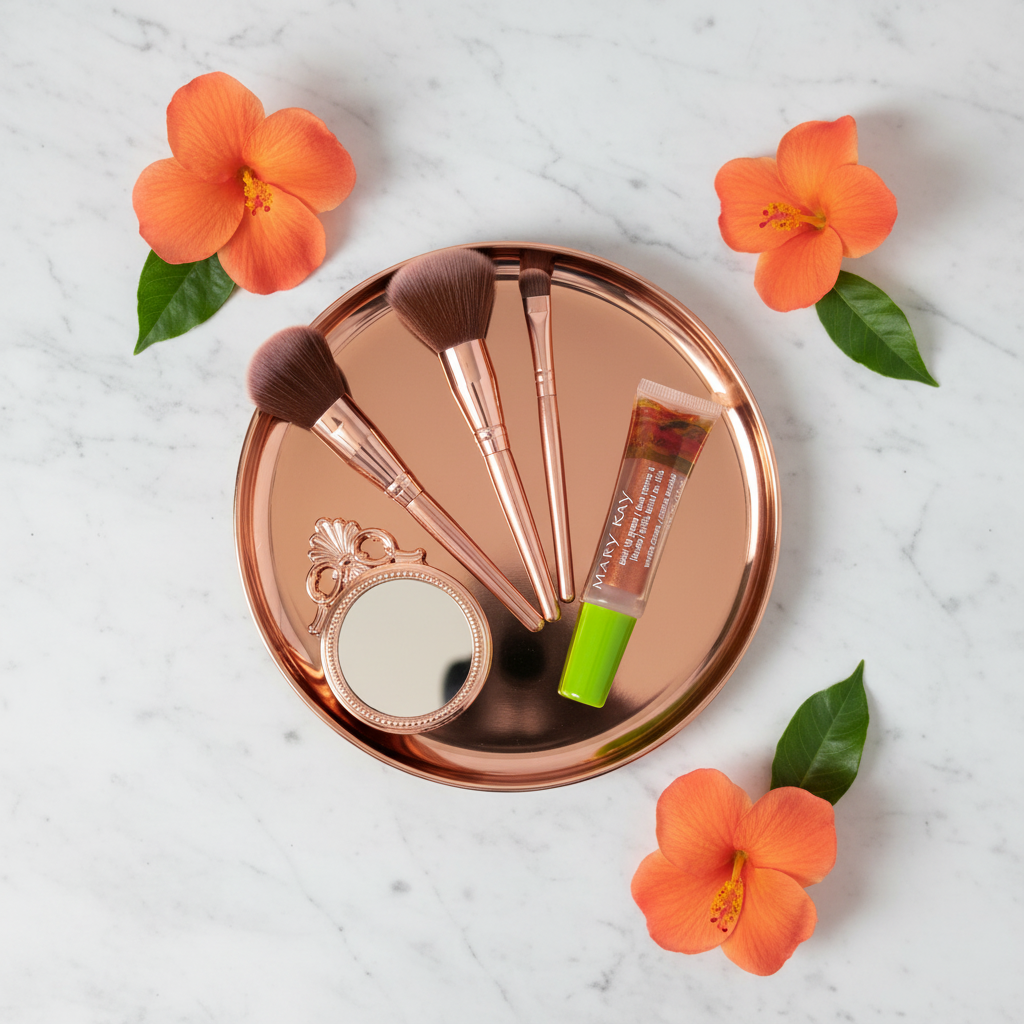 Mary Kay Dual Lip Glaze Warm Coral clear squeeze tube with green cap on a rose-gold tray with makeup brushes, a small mirror, and tropical orange flowers on white marble — feminine beauty flat-lay