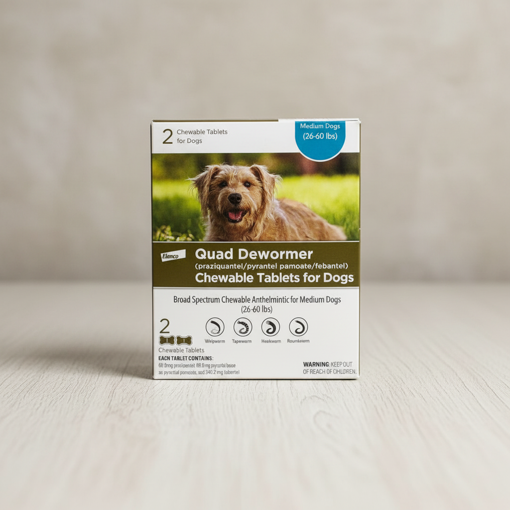 Elanco Quad Dewormer box for medium dogs 26–60 lb on a light wood surface