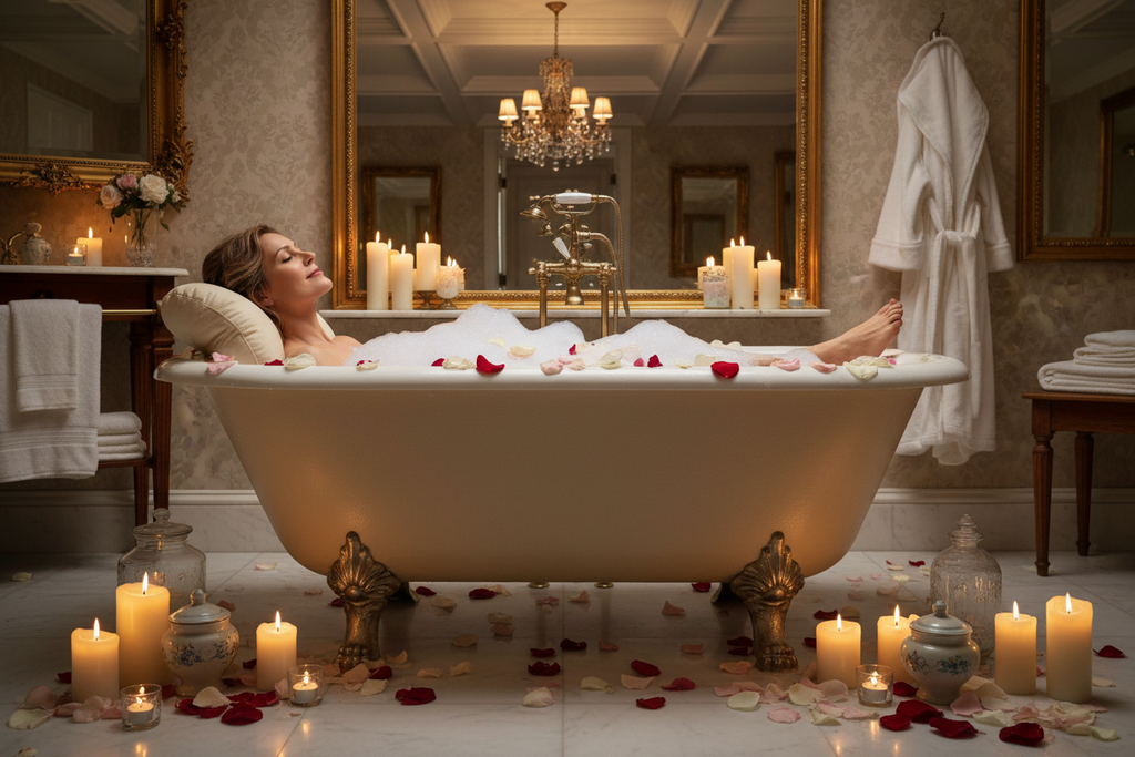 Woman relaxing in luxurious bubble bath with candles and rose petals - vintage bath and body luxury lifestyle