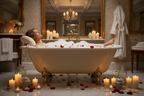 Woman relaxing in luxurious bubble bath with candles and rose petals - vintage bath and body luxury lifestyle