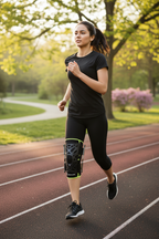 Athlete wearing DonJoy Webtech black silicone web knee brace neon yellow-green morning jogging — More4less Outlet
