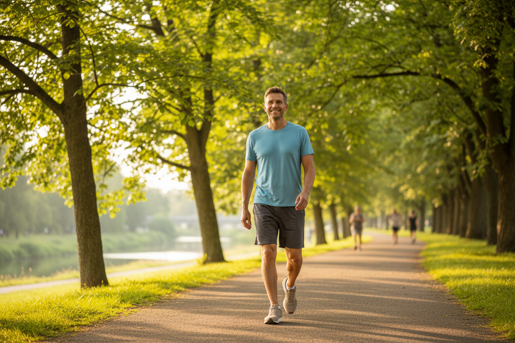 Man walking in sunny park - active daily wellness lifestyle