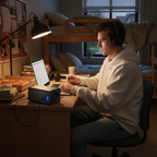 College student at dorm desk with laptop plugged into USB port of compact black subwoofer