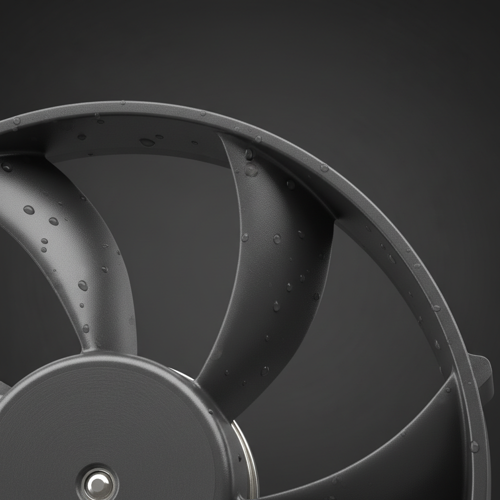Close-up detail of 40mm premium cooling fan blade with aerodynamic flow acceleration channels dark neutral background clean studio lighting