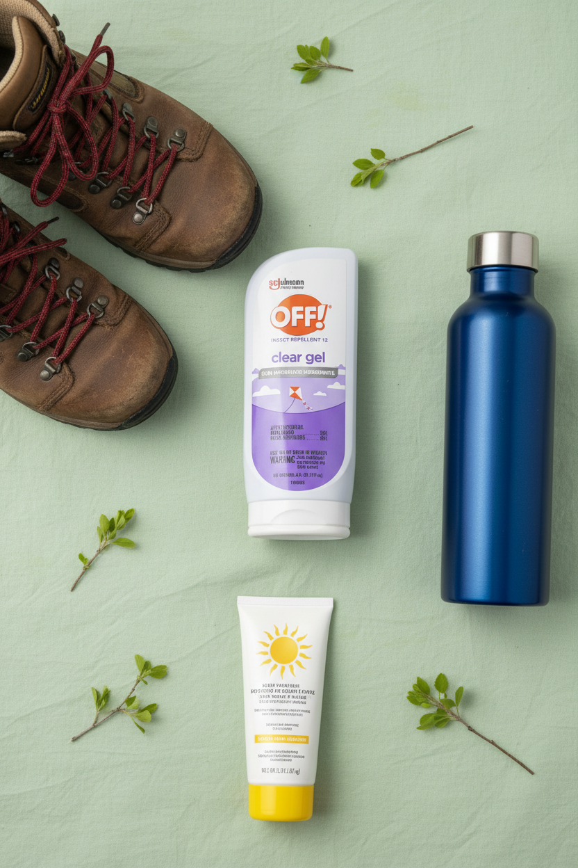 OFF! Clear Gel insect repellent flat lay on green background with hiking boots water bottle and sunscreen