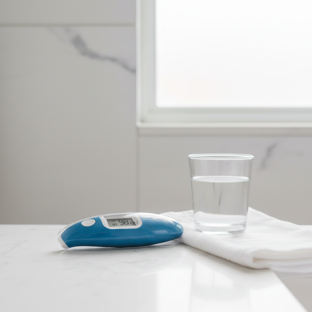 Kinsa blue Smart Ear Thermometer on white bathroom counter next to glass of water and white towel – More4less Outlet