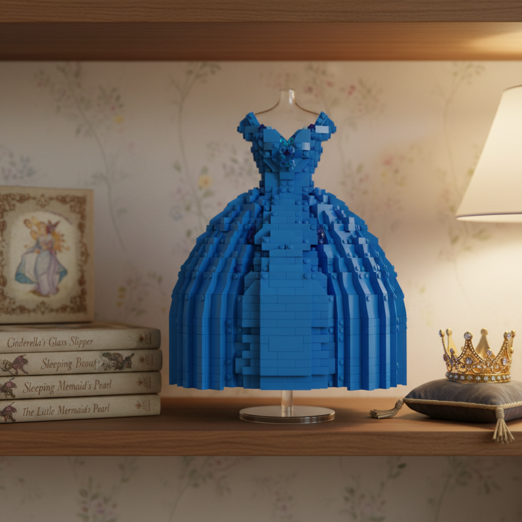 Completed LEGO blue ballgown dress model displayed on a bedroom shelf with fairy tale books and a golden crown