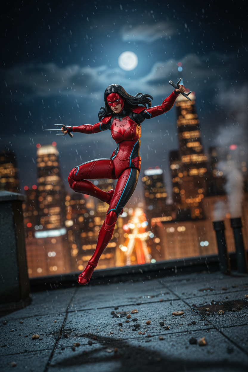 Red-suited superhero action figure posed dynamically on dark urban rooftop at night with twin sai weapons — More4less Outlet
