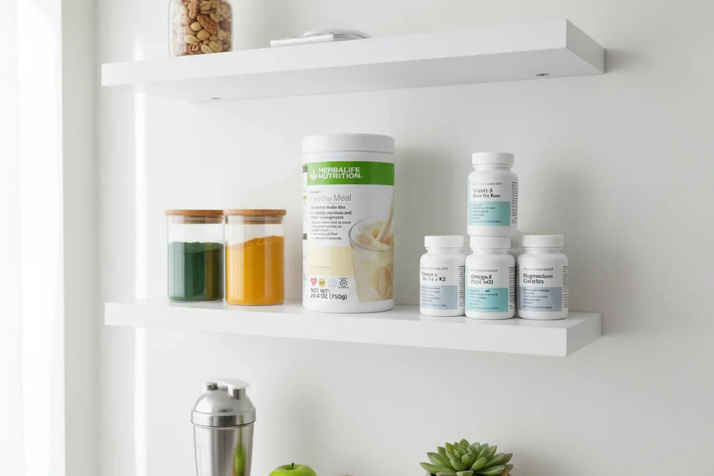 Bright minimalist home health supplement storage setup on white shelves featuring Herbalife Formula 1 French Vanilla
