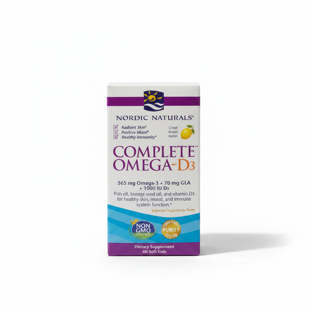 AI-generated contextual image of Nordic Naturals Complete Omega-D3 60 soft gels package isolated on a white background