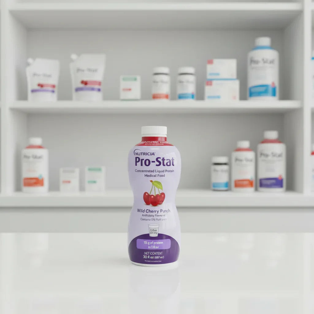 Nutricia Pro-Stat liquid protein medical food bottle in clean healthcare dietary aid storage setting on white clinical surface