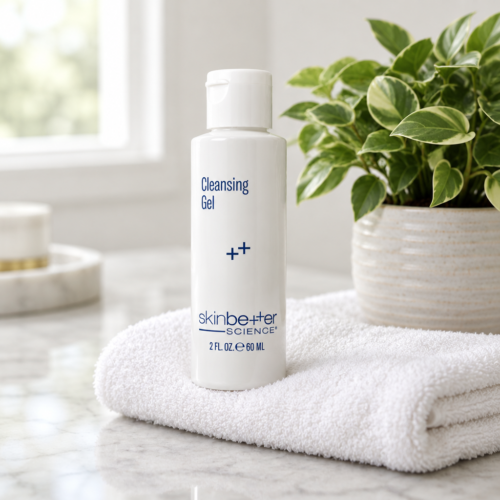 skinbetter science Cleansing Gel bottle on a folded towel with a plant